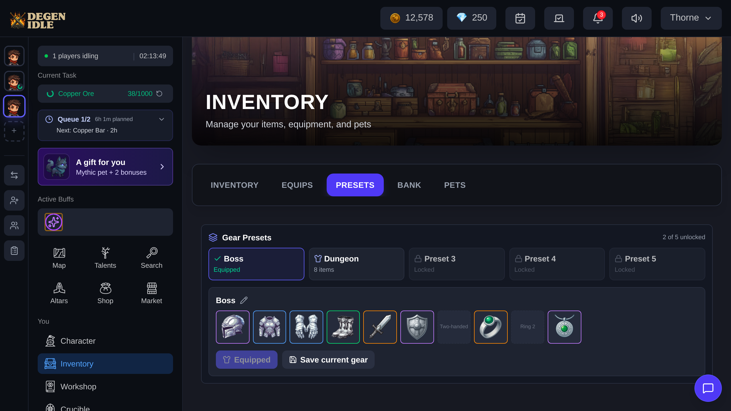 The Presets tab with a Boss preset equipped, a Dungeon preset beside it, and three locked preset slots.